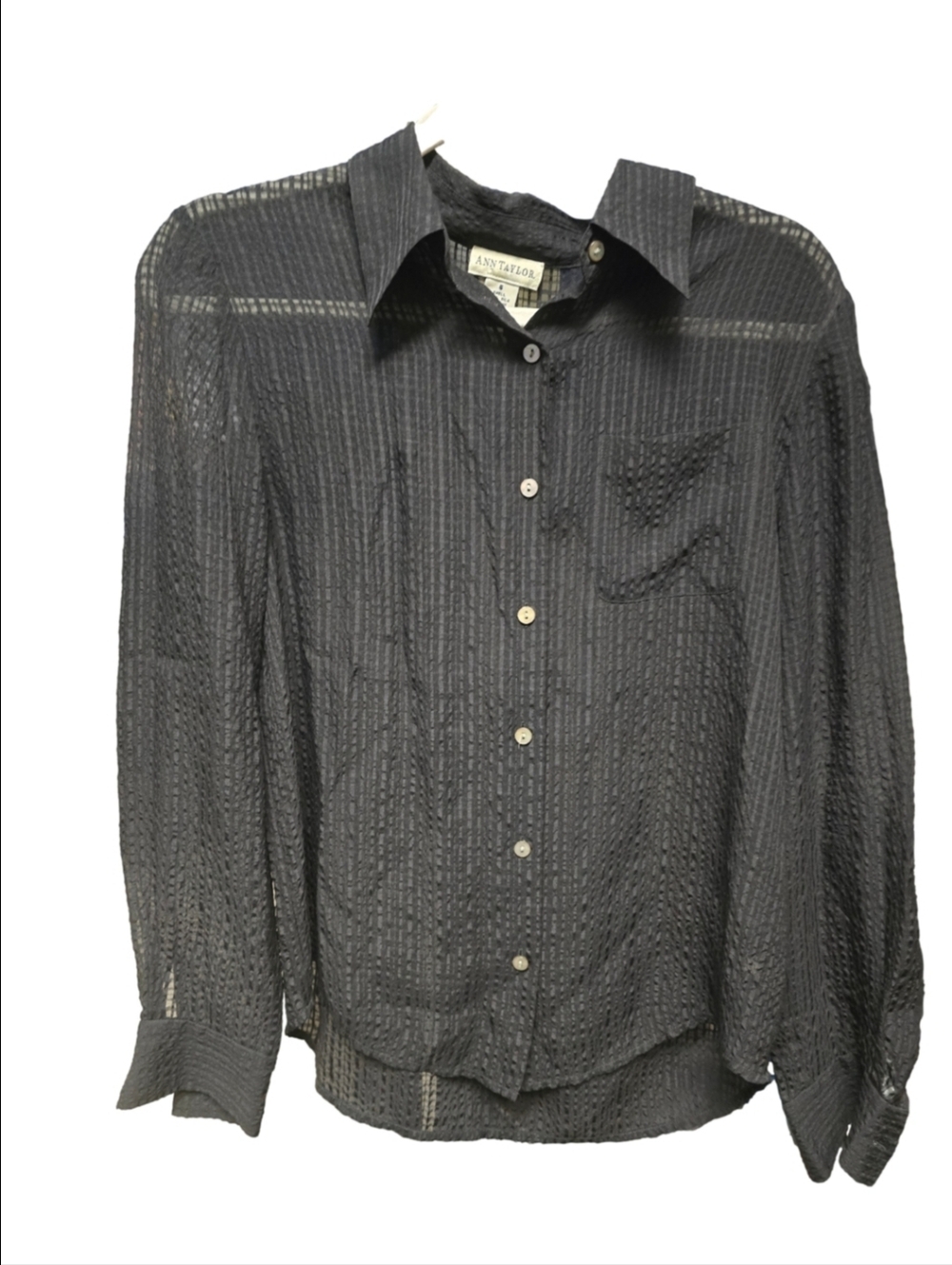 Ann Taylor Black 100% Silk Sheer Textured Button-Down Blouse Sz.6